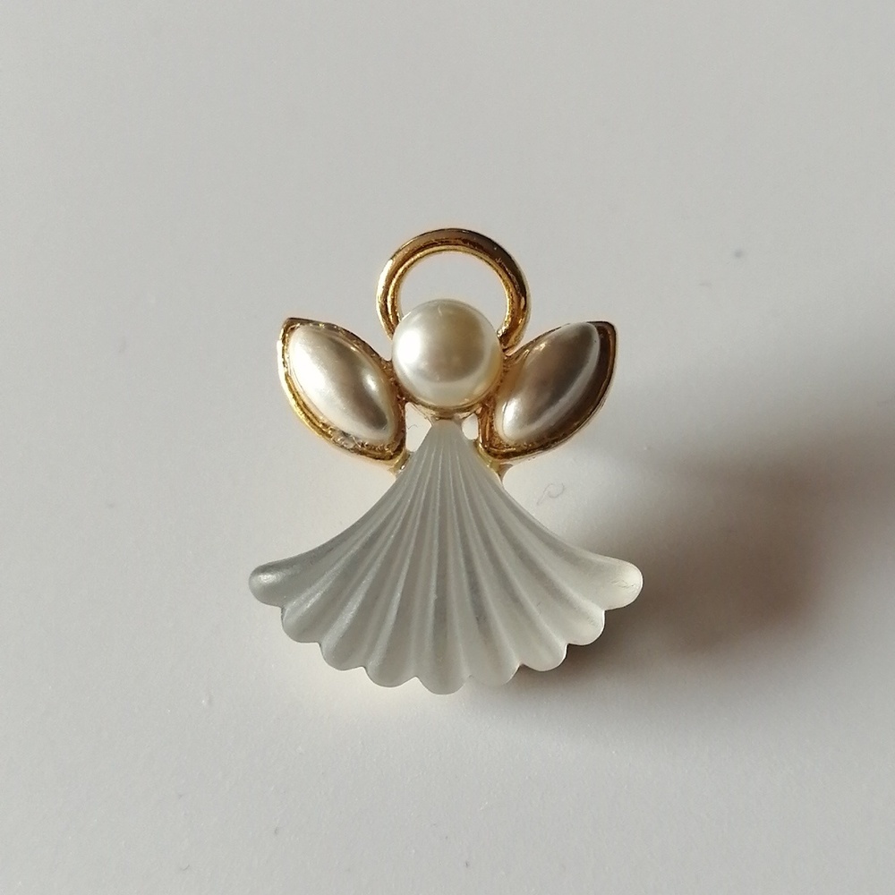 Vintage Angel Pin Pendant Faux Pearl Lucite Goldtone Metal Olit USA